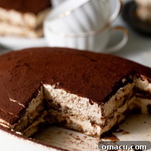 tiramisu in an oval dish with a piece cut out so that you can see the layered center.