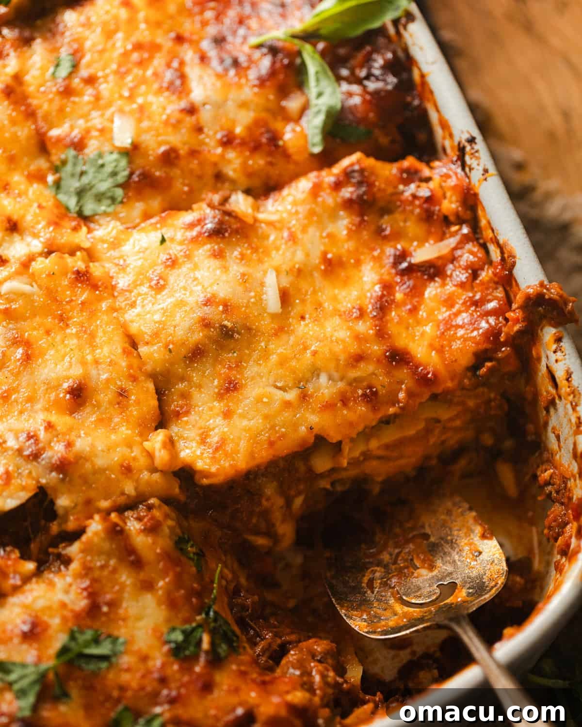 lasagna alla bolognese in a baking pan. 