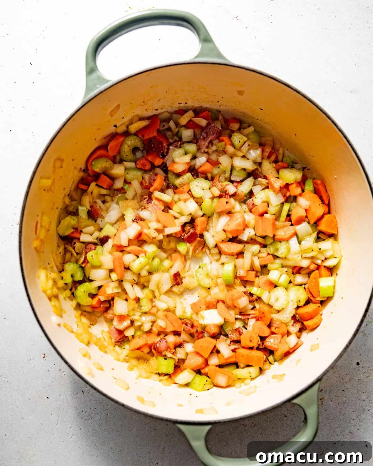 soffrito in a pot with bacon, cooked until softened. 