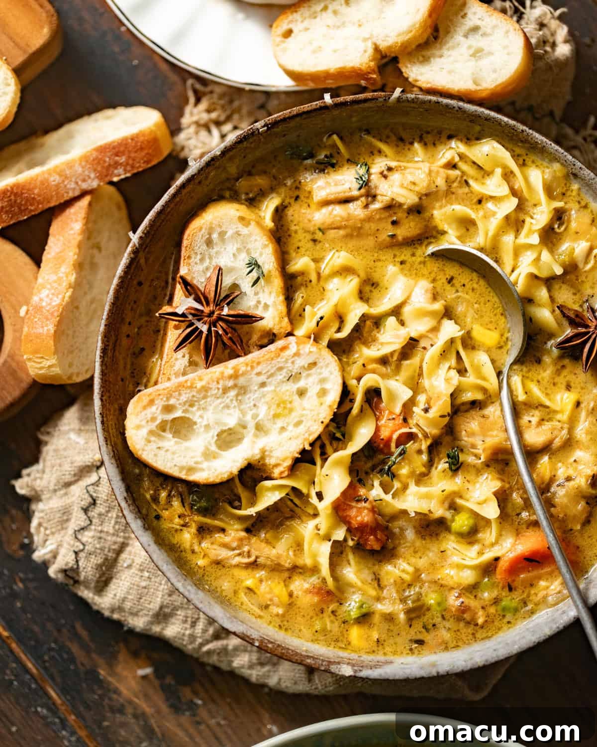 Close-up photo of rich and creamy chicken noodle soup in a bowl, garnished with fresh herbs and served with crusty bread.