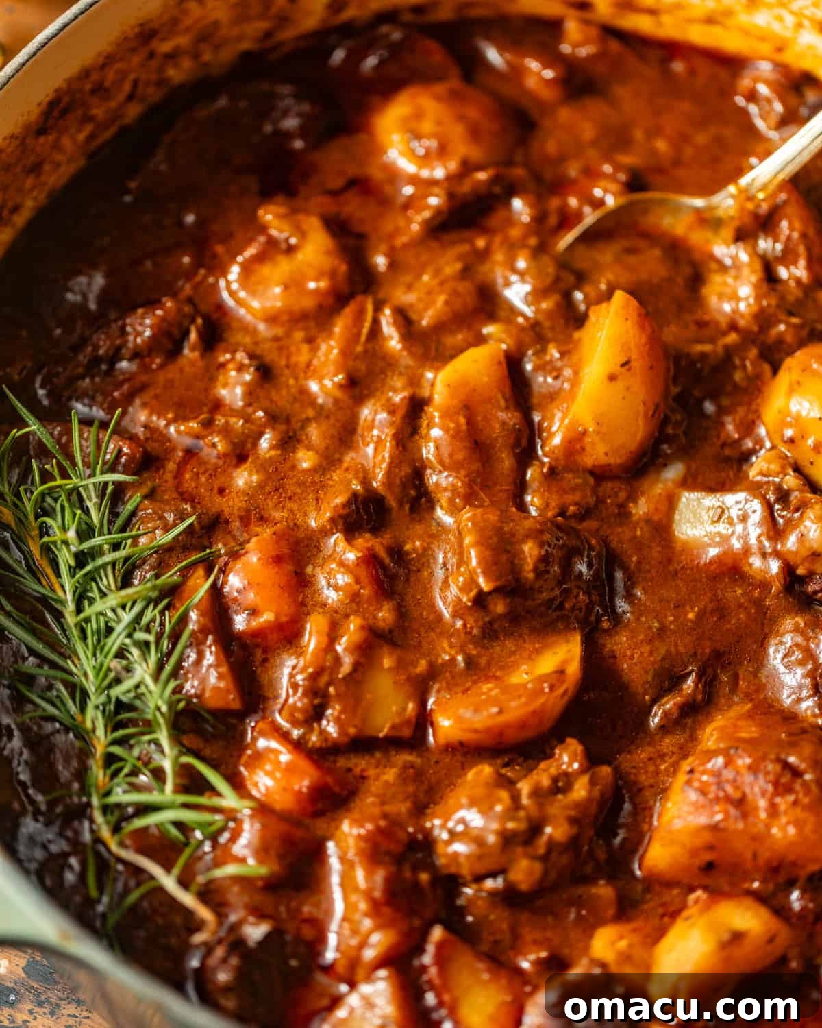 A close-up shot of rich beef stew being stirred in a cast iron pot, showcasing the tender beef chunks and colorful vegetables.
