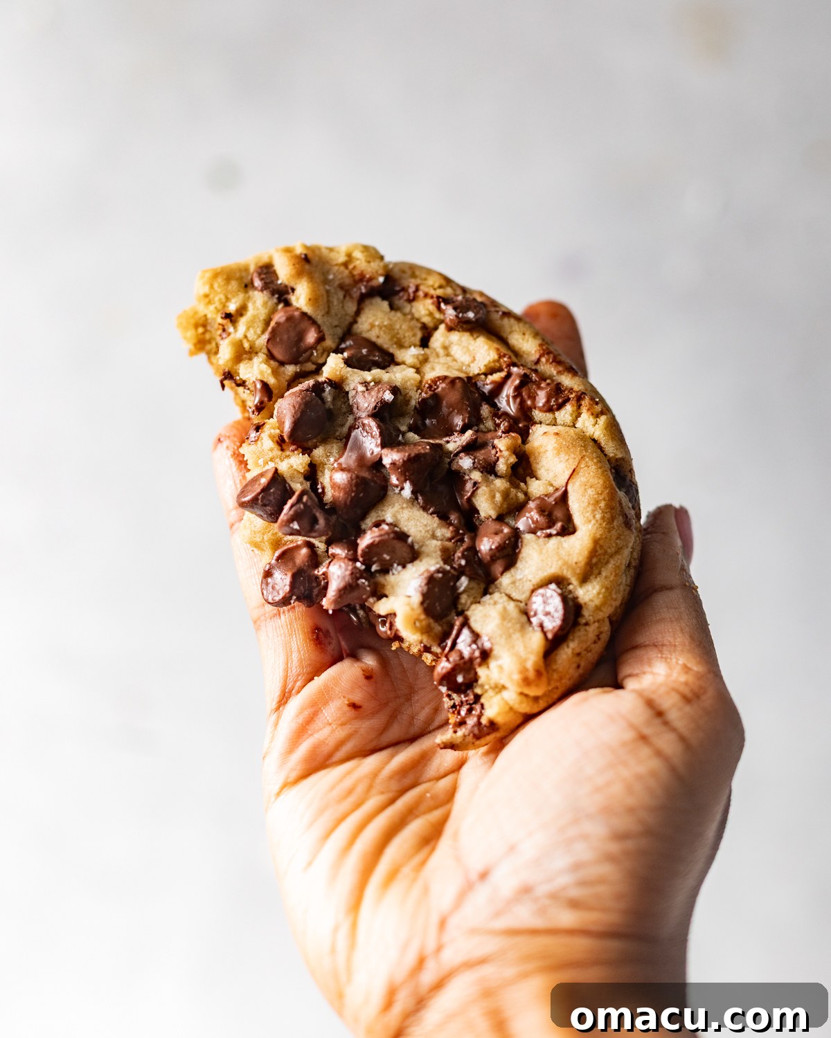 A warm chocolate chip cookie, perfectly cut in half, showcasing its incredibly gooey, melty chocolate center.