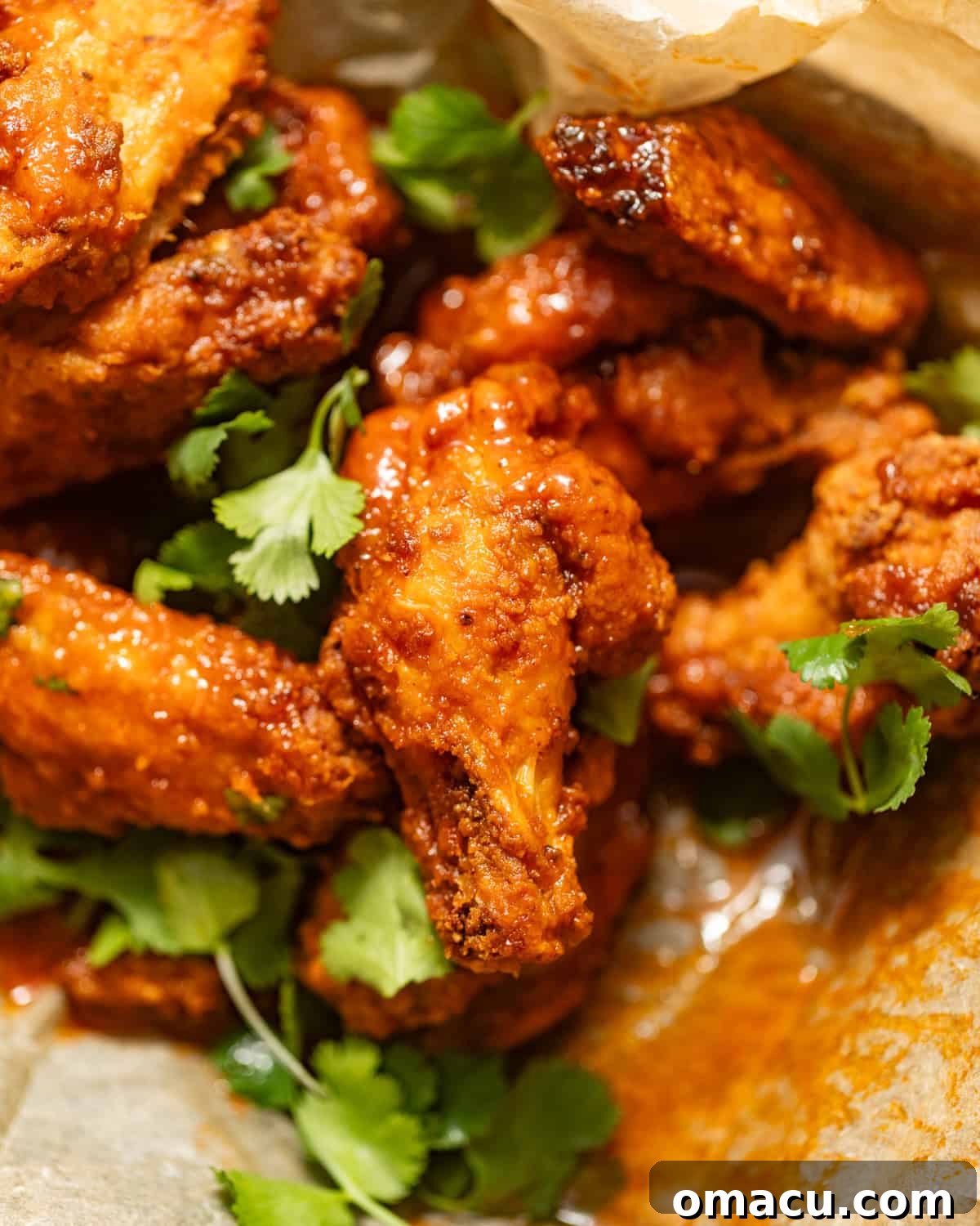 Close-up of crispy fried chicken wings tossed in hot honey sauce, ready to serve.