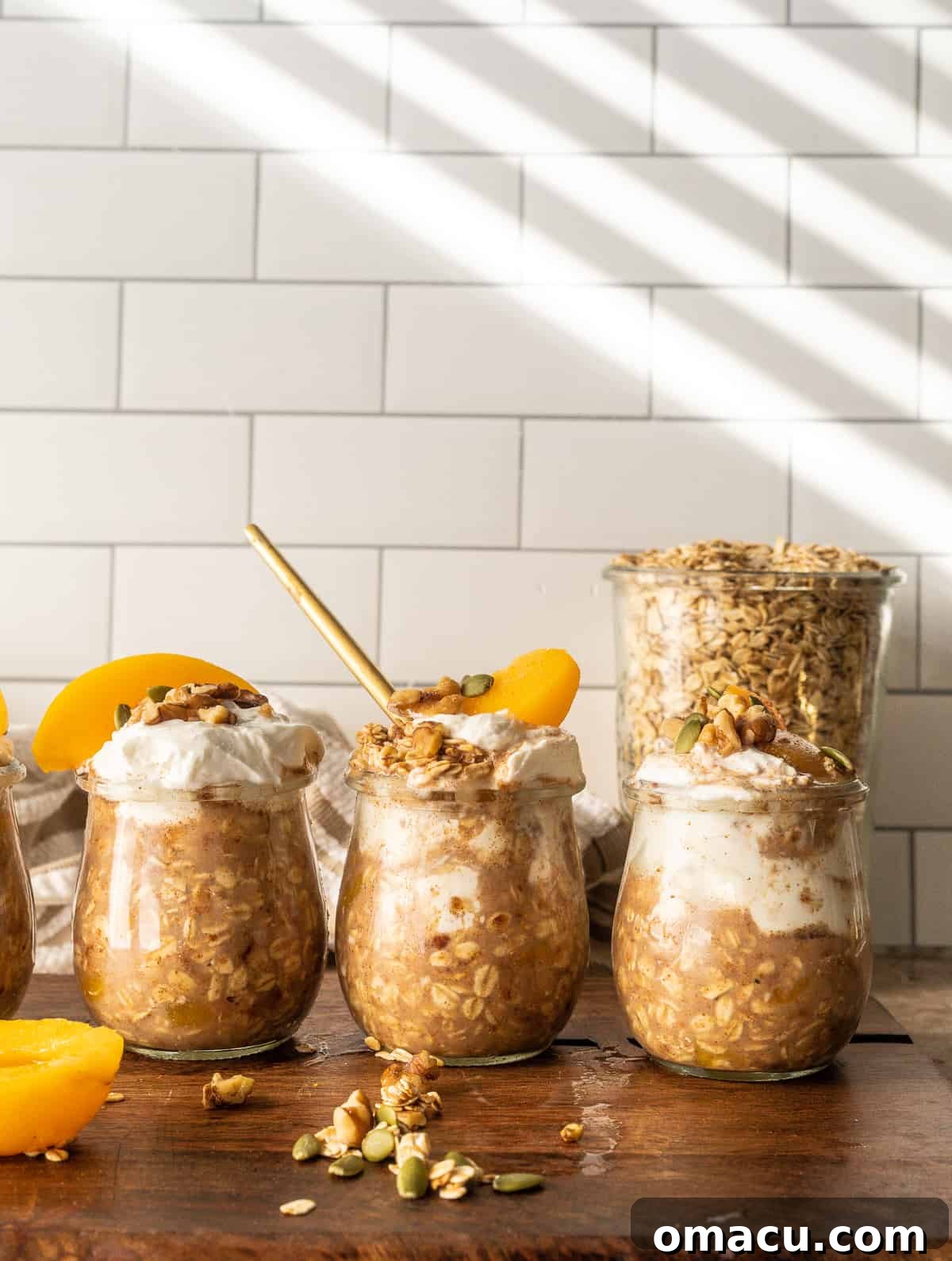 Close-up shot of creamy Peach Cobbler Overnight Oats, ready to be enjoyed.