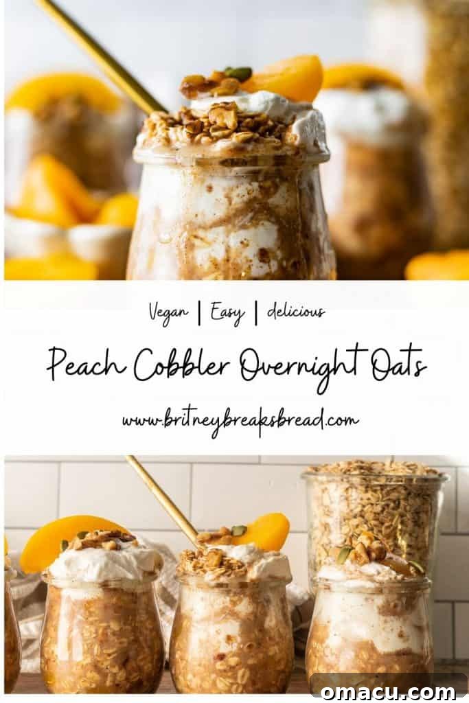 A vibrant close-up of Peach Cobbler Overnight Oats in a jar, highlighting the texture and fresh toppings.