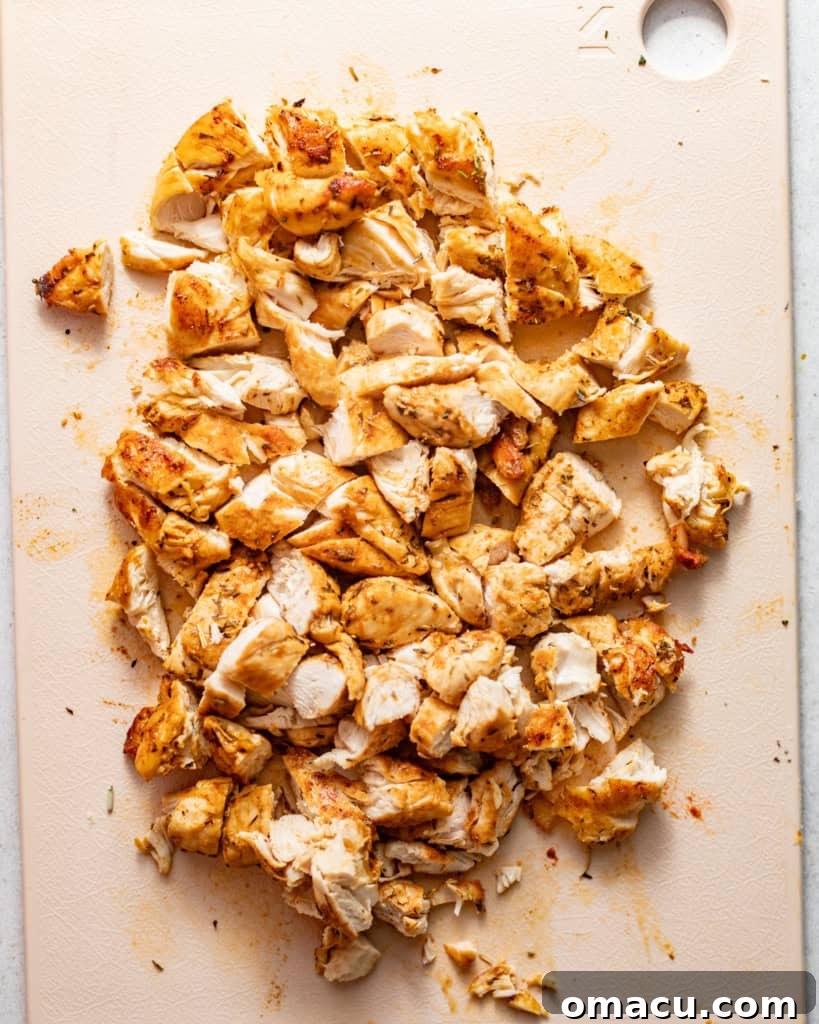 Cooked chicken cut into bite-sized pieces for the soup.