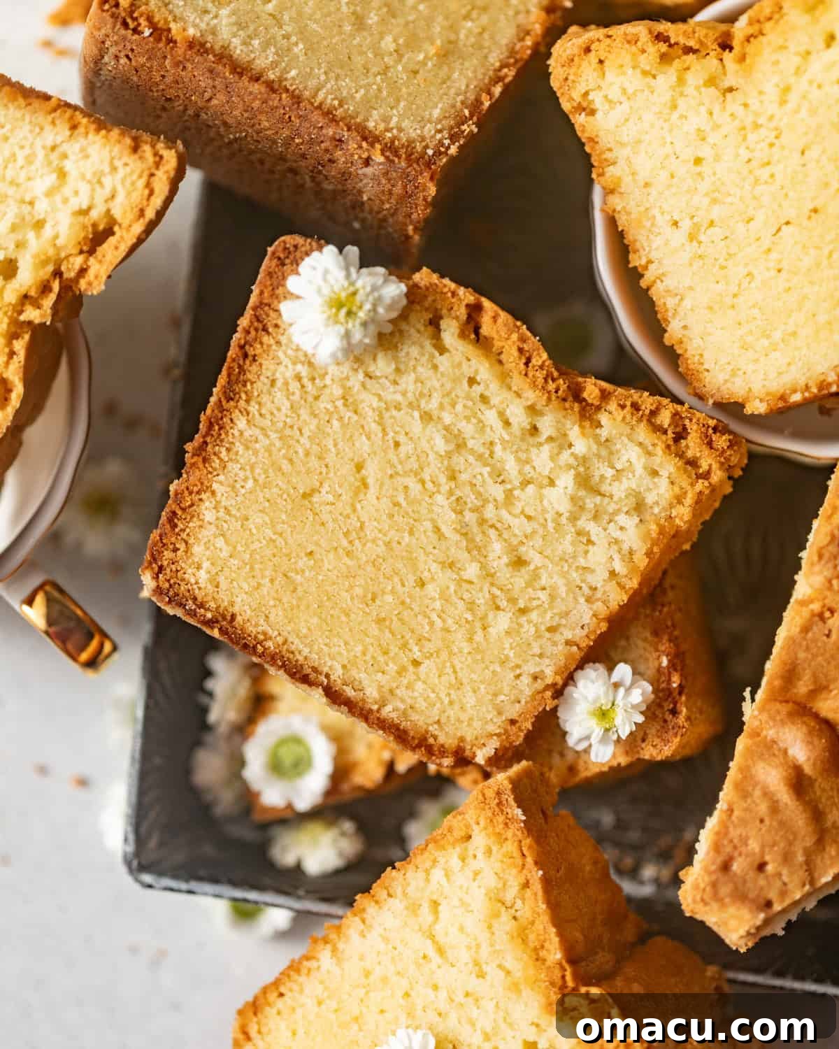 white chocolate pound cake on a serving tray.