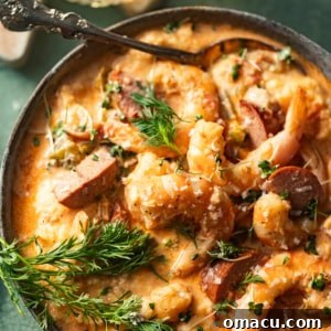 Shrimp and grits in a bowl with a spoon topped with parmesan and fresh herbs.