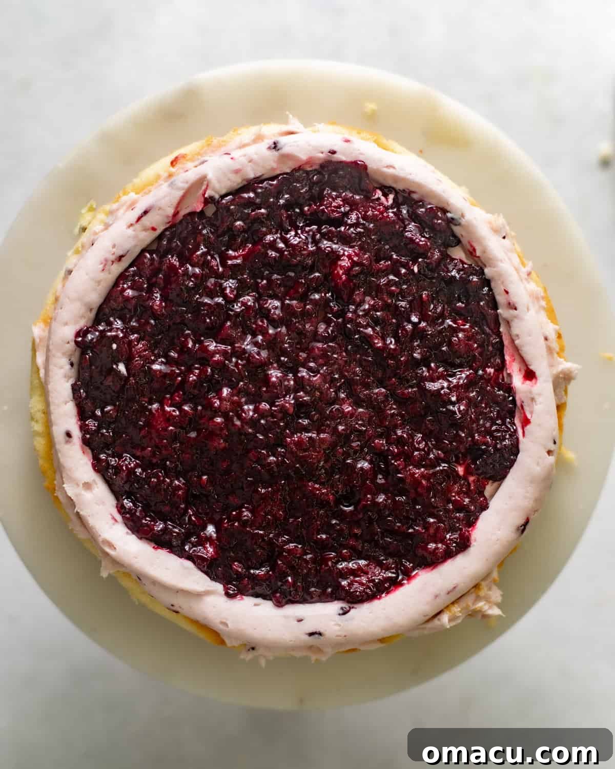 A layered lemon blackberry cake with a smooth crumb coat of frosting.