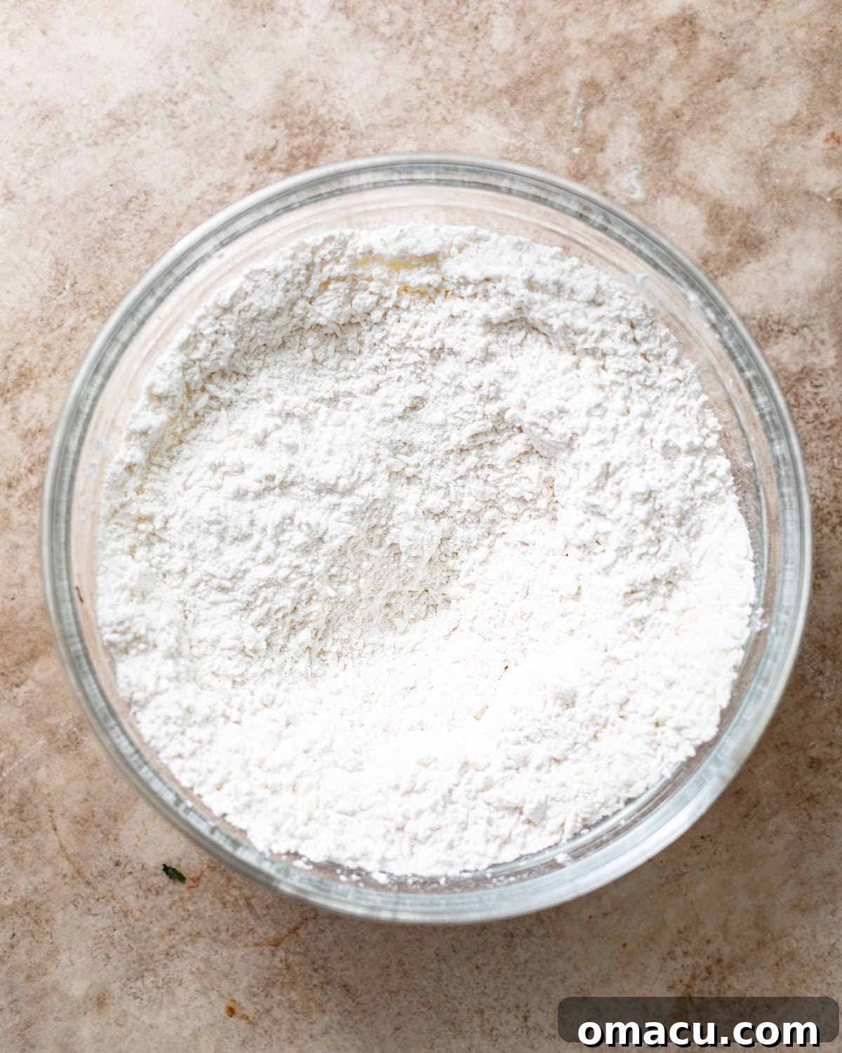 A crisp image showing a mixing bowl filled with the dry ingredients for the coconut loaf cake: precise measurements of cake flour, aromatic sweetened coconut flakes, reliable baking powder, and a pinch of kosher salt, all carefully whisked together to ensure even distribution.