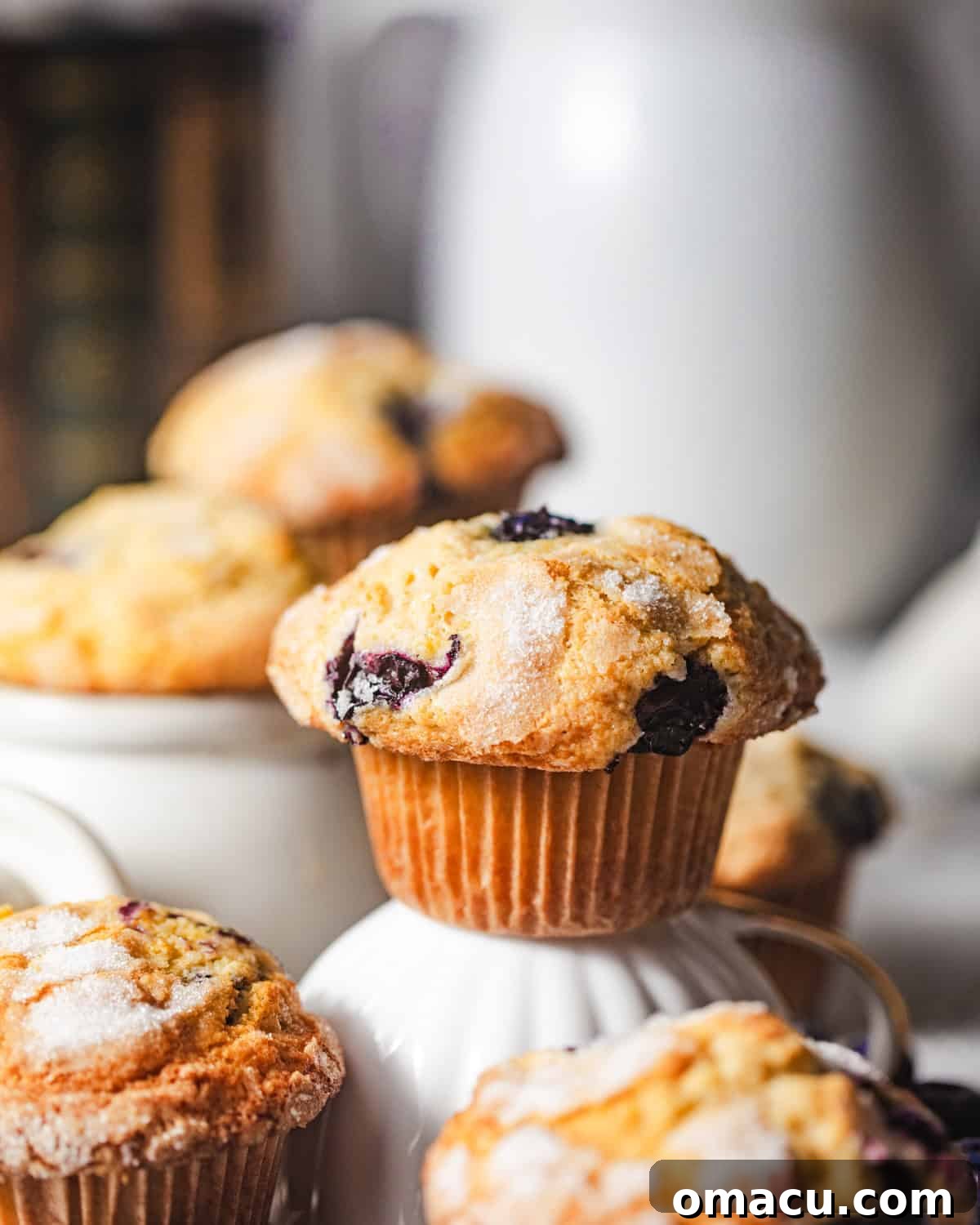 Two freshly baked blueberry muffins, one resting on a white teacup, showcasing their golden tops and tender texture.