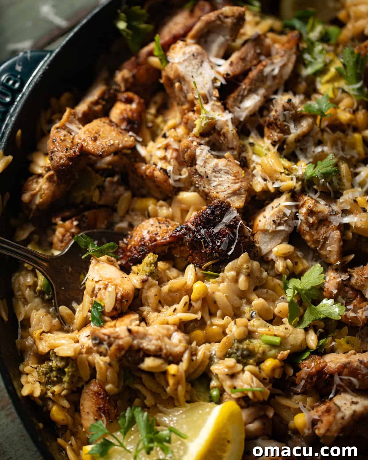 Close-up photo of creamy lemon chicken orzo pasta in a skillet, showcasing the texture and rich sauce.