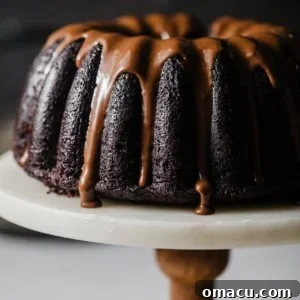 chocolate donut cake on a cake stand with chocolate glaze on top.