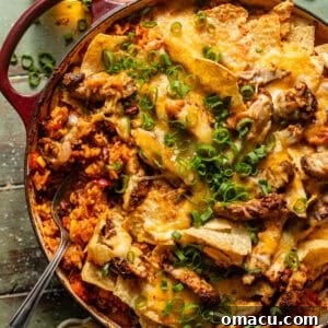 cheesy mexican chicken and rice in a large skillet topped with tortilla chips and green onions.