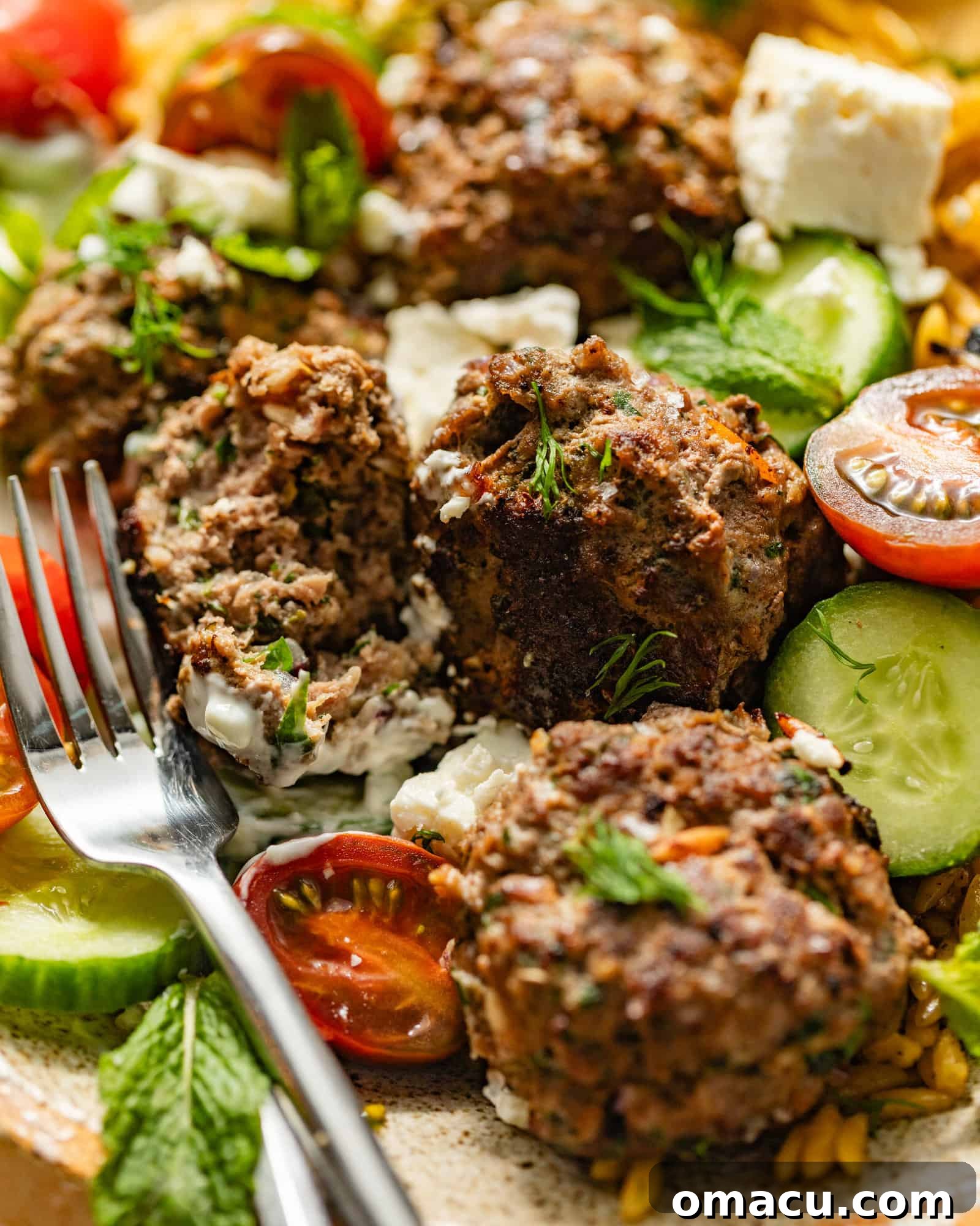 A close-up photograph of Greek meatballs served in a bowl with a fork, accompanied by blocks of feta cheese and sliced tomatoes, highlighting the delicious textures.