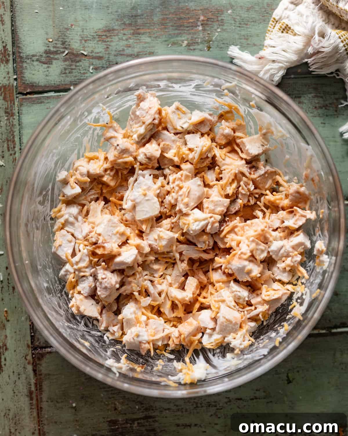 chicken filling mixed together in a bowl. 