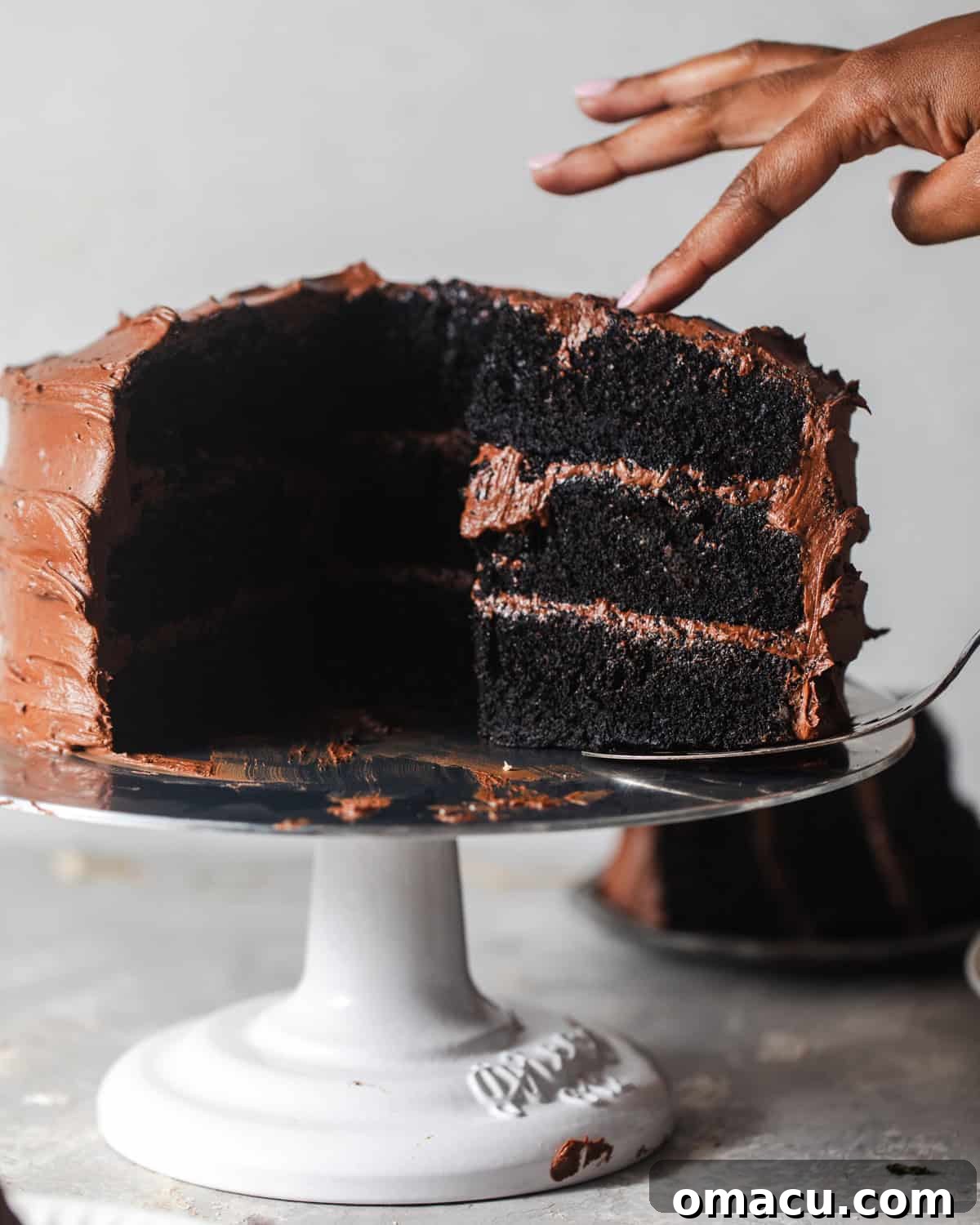 A beautifully decorated chocolate cake with chocolate cream cheese frosting standing on a cake stand. A hand is holding a slice of the cake on a cake server, ready to be enjoyed.