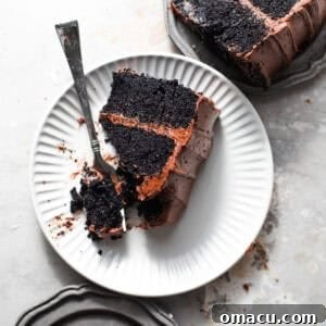 Slices of rich chocolate cake with creamy chocolate cream cheese frosting on small plates, ready to be eaten with forks.