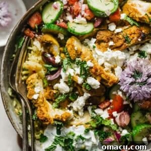 up close photo of mediterranean chicken bowls.