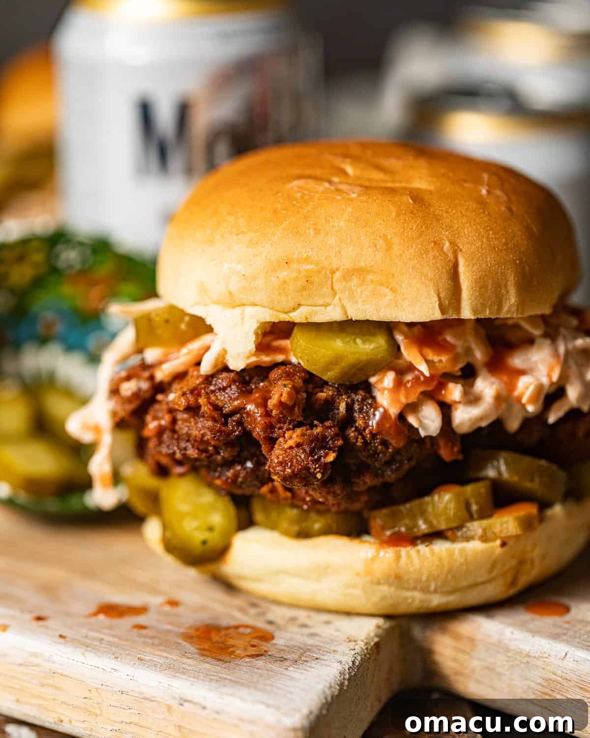 up close photo of a nashville hot chicken sandwich. 