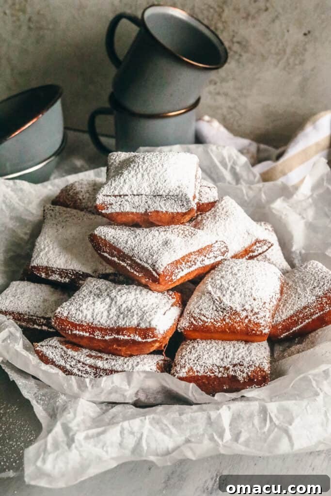 new orleans style beignets with powdered sugar in a basket