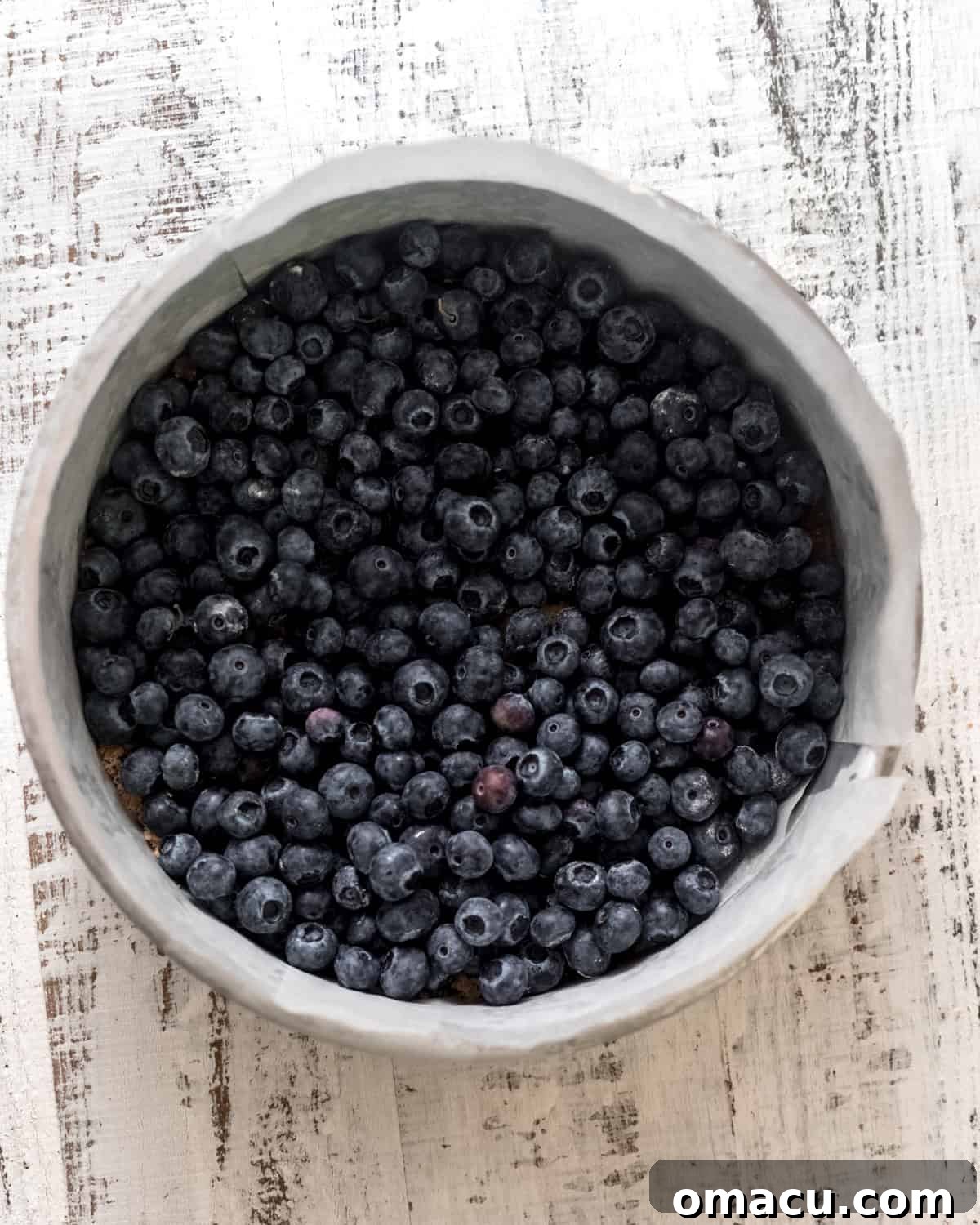 Fresh blueberries arranged neatly over the butter and brown sugar layer at the bottom of the cake pan.