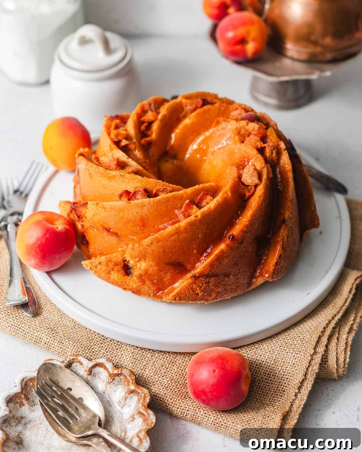 A beautifully presented apricot cake on a white cake plate, surrounded by whole fresh apricots and a few sliced ones, highlighting its rich golden color and the juicy fruit within. This image conveys the freshness and deliciousness of the homemade apricot cake.