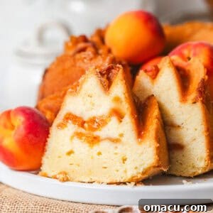 A delectable slice of apricot cake standing upright on a cake plate, showcasing its moist, fruit-filled interior, with a fresh apricot perfectly placed beside it.