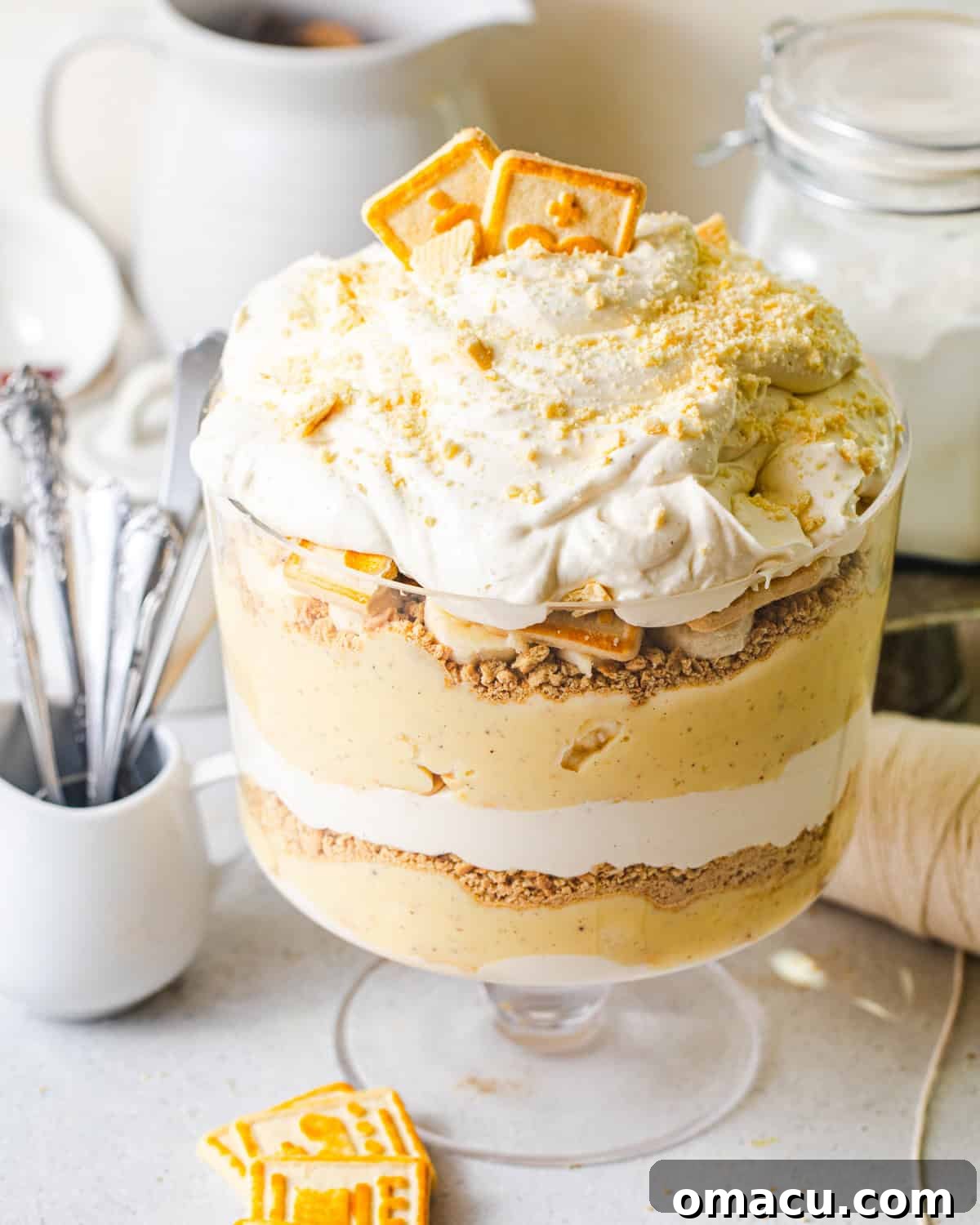 An overhead shot showcasing the inviting layers of homemade banana pudding in a bowl, highlighting its creamy texture and biscuit layers.