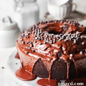 chocolate ricotta cake on a plate topped with chocolate ganache and mini chocolate chips.