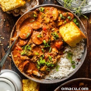 overhead photo of chicken and sausage gumbo in a bowl.