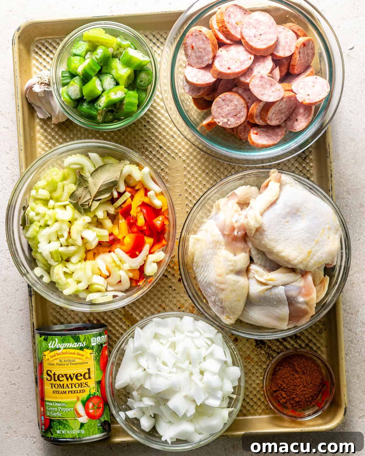 ingredients to make chicken and sausage gumbo. 