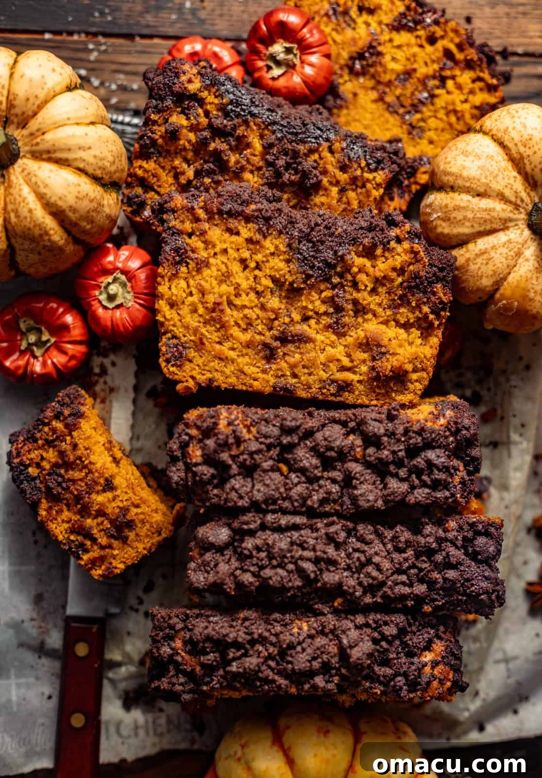 A perfectly baked pumpkin chocolate chip bread loaf on parchment paper, surrounded by decorative mini pumpkins.