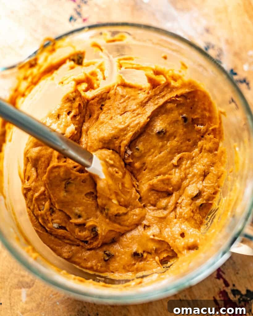 Chocolate chip pumpkin bread batter in a bowl, mixed with a rubber spatula.