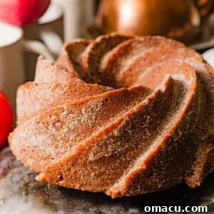 A delectable apple cider bundt cake, shimmering with a cinnamon sugar coating, perfect for a cozy fall treat.