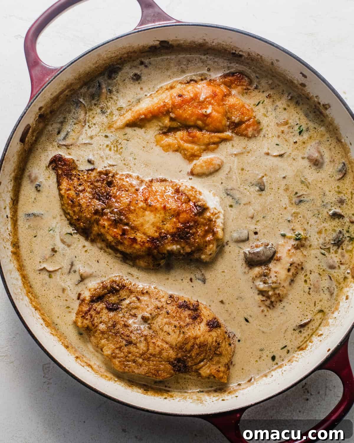 The pan-seared chicken returned to the simmering marsala wine sauce, absorbing the flavors.