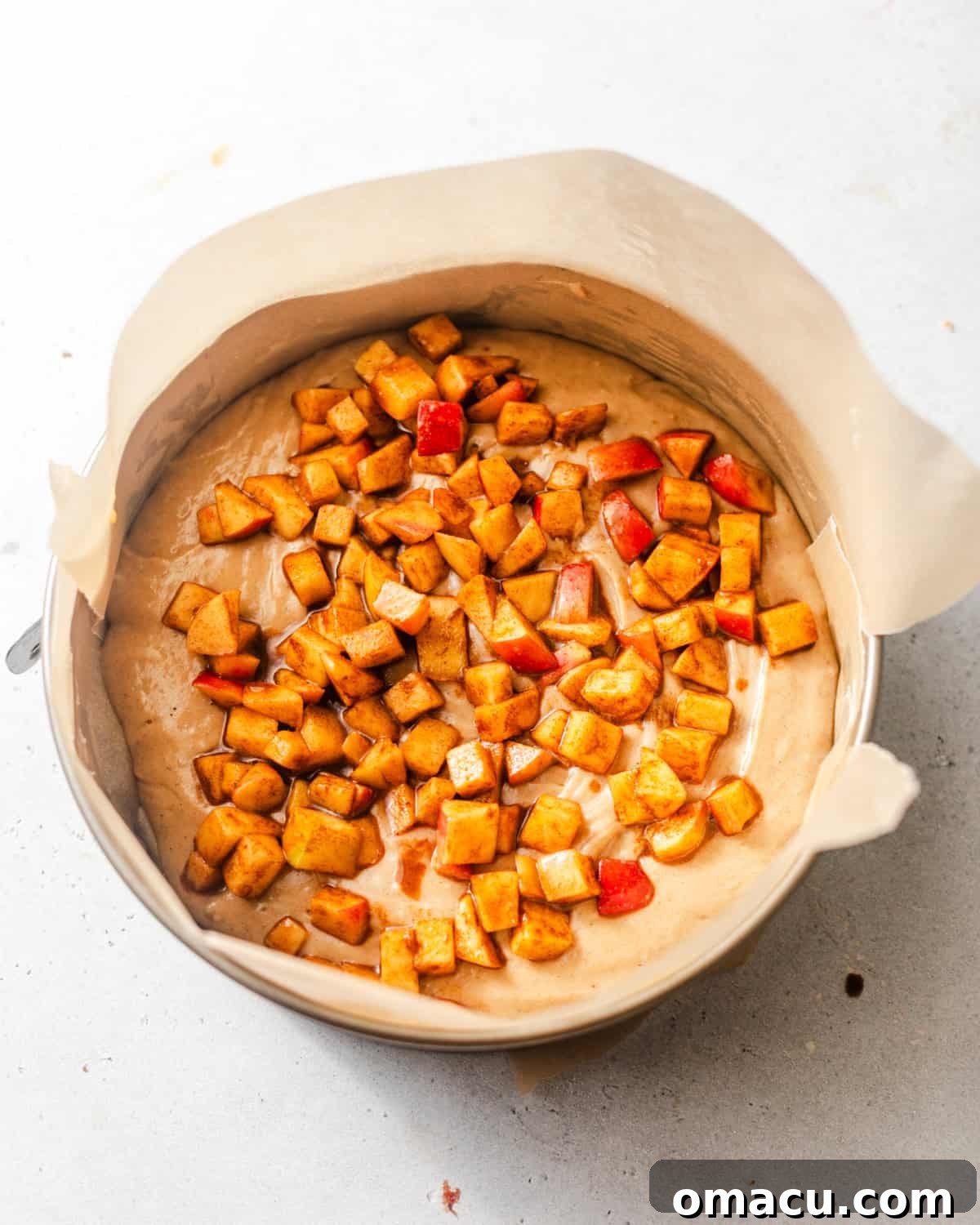 Layers of coffee cake batter and spiced apples in a springform pan.
