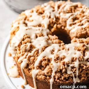 Overhead photo of coffee cake bundt cake with brown butter glaze drizzled all over the cake.