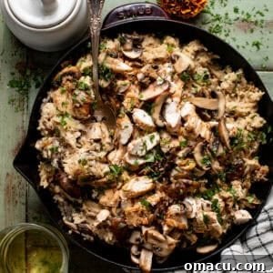 creamy mushroom chicken and rice in a skillet topped with fresh parsley.