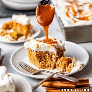 sweet potato tres leches on a plate with a spoon pouring salted caramel on top.