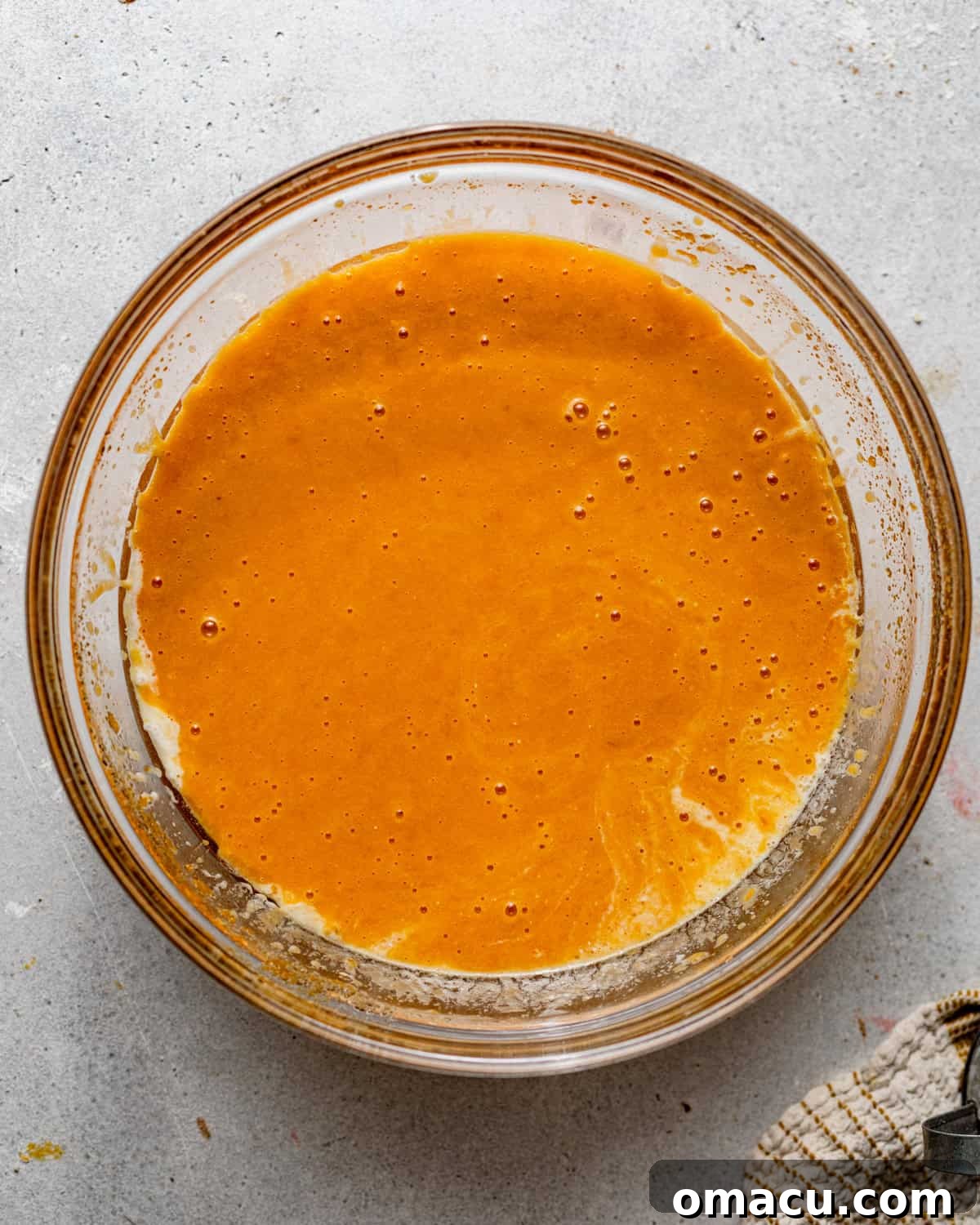 Dry ingredients (flour, baking powder, baking soda, and spices) are whisked together in a medium-sized mixing bowl, ensuring even distribution.