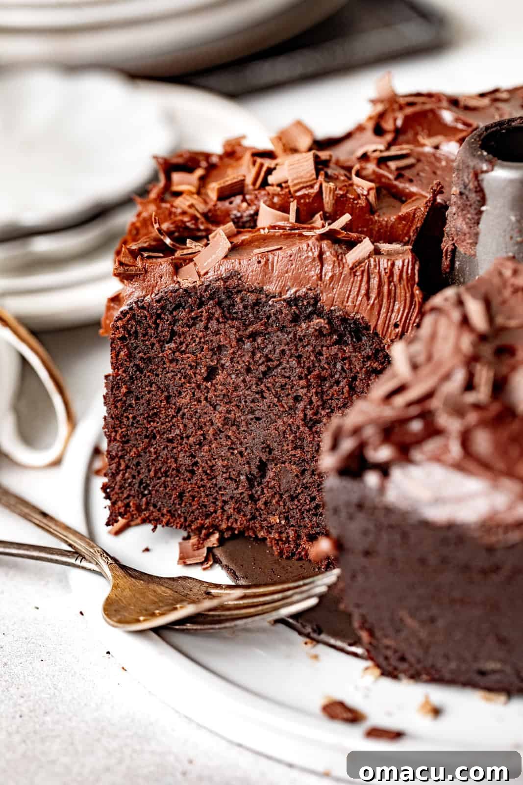 A glorious slice of fudgy chocolate espresso cake, beautifully presented on a cake plate and generously topped with a rich, glossy espresso fudge frosting. Shaved chocolate adorns the side.