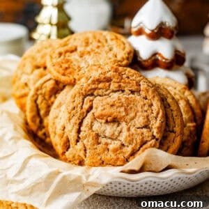 Close-up of brown butter snickerdoodle cookies in a bowl