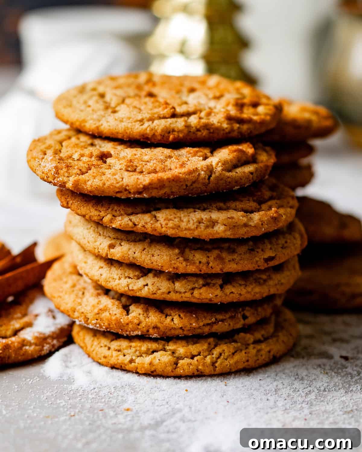 Stack of brown butter snickerdoodle cookies, showcasing their soft texture and cinnamon-sugar coating.