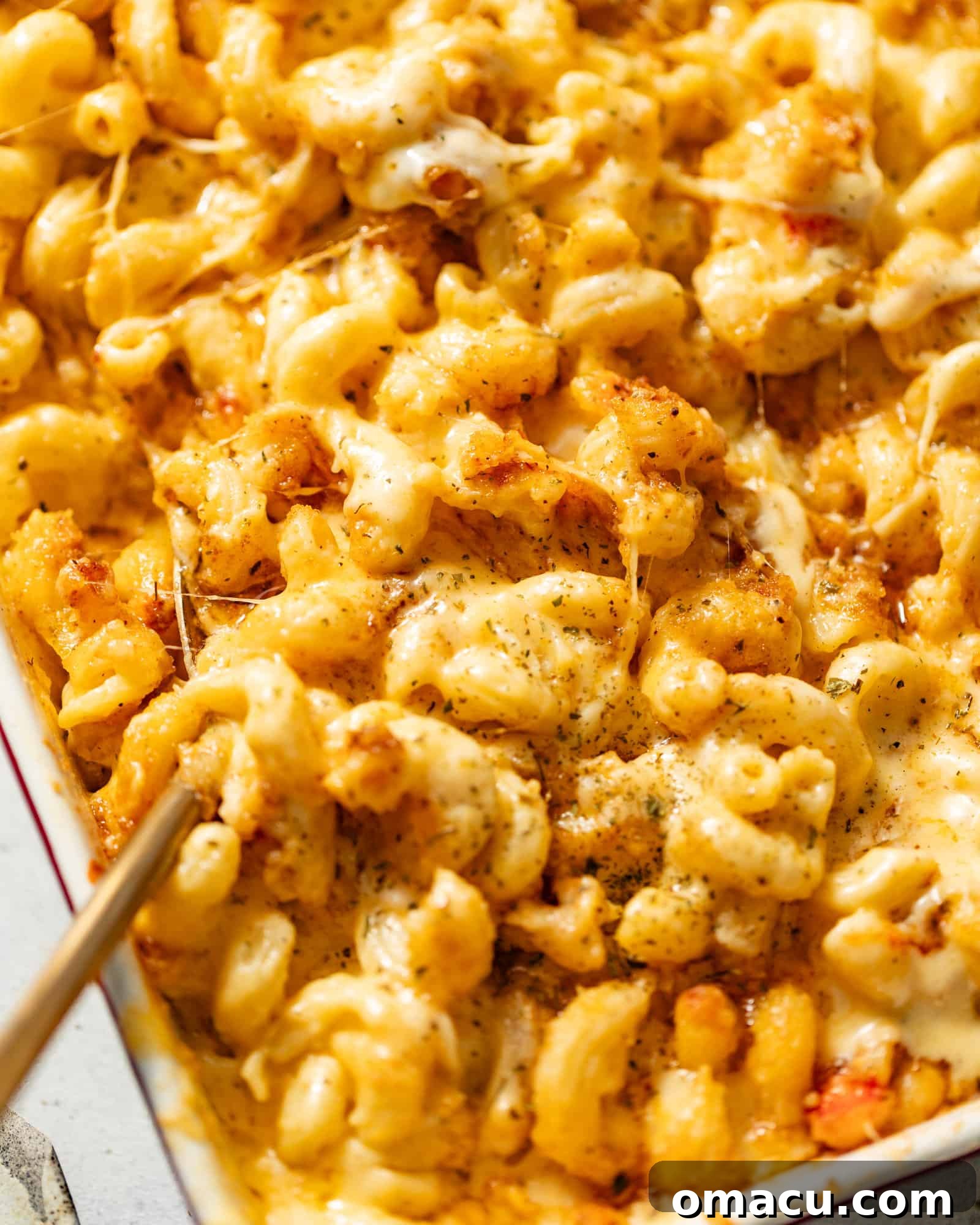 lobster mac and cheese in a baking dish with a spoon 