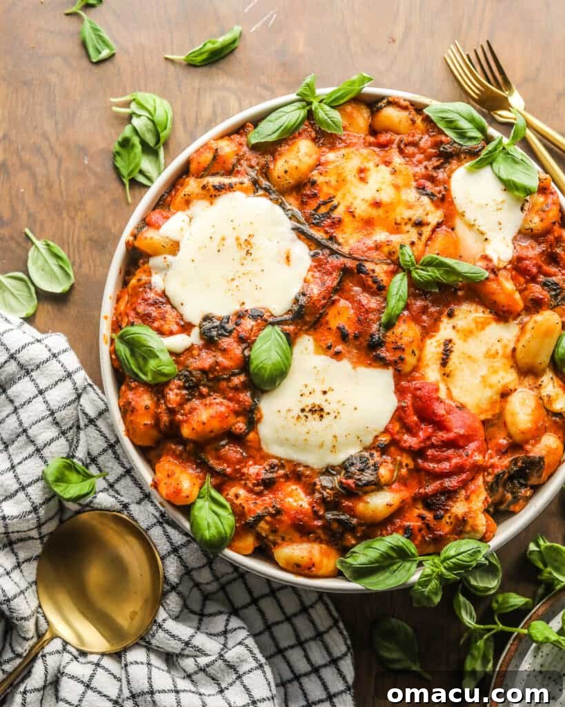 Photo of gnocchi in a large bowl garnished with basil, ready to be served