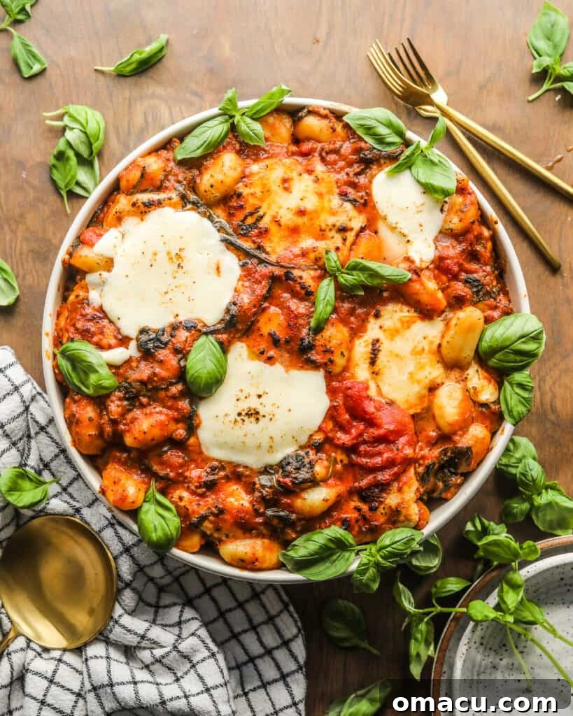 Another enticing photo of the Sausage and Spinach Gnocchi Bake in a serving dish