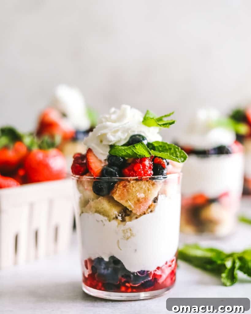 Hand holding a clear glass cup with a Mixed Berry Trifle, revealing the vibrant layers.