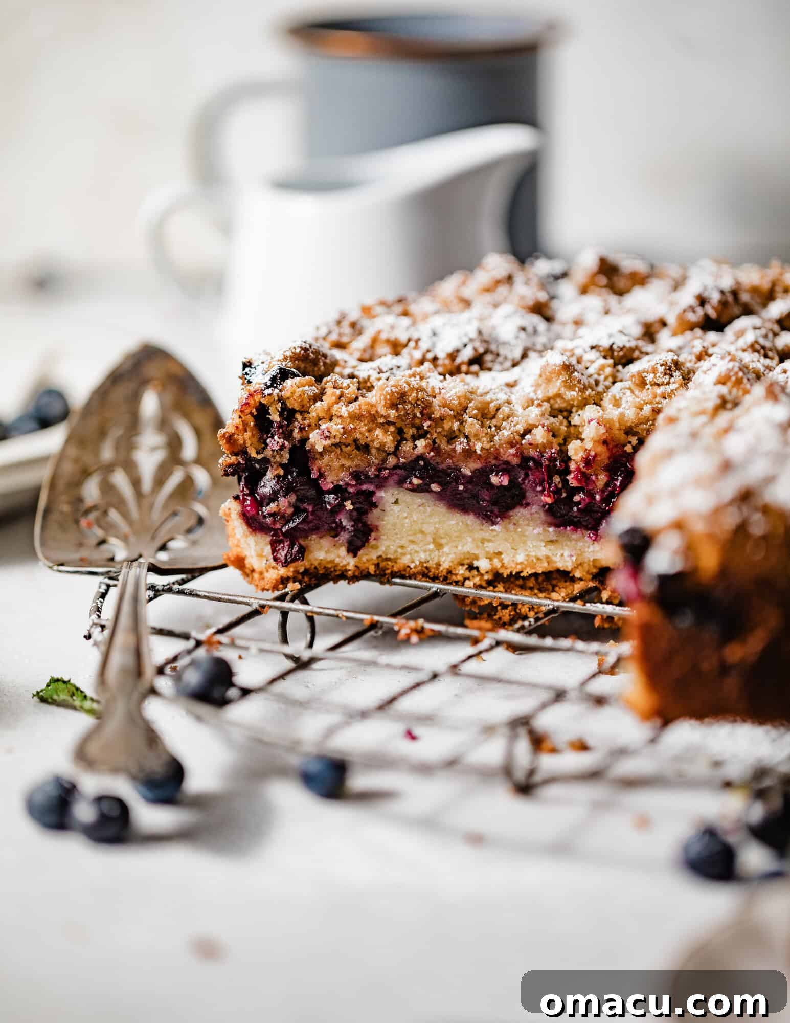 A whole blueberry sour cream coffee cake cooling on a wire rack, with a cake server ready for serving.