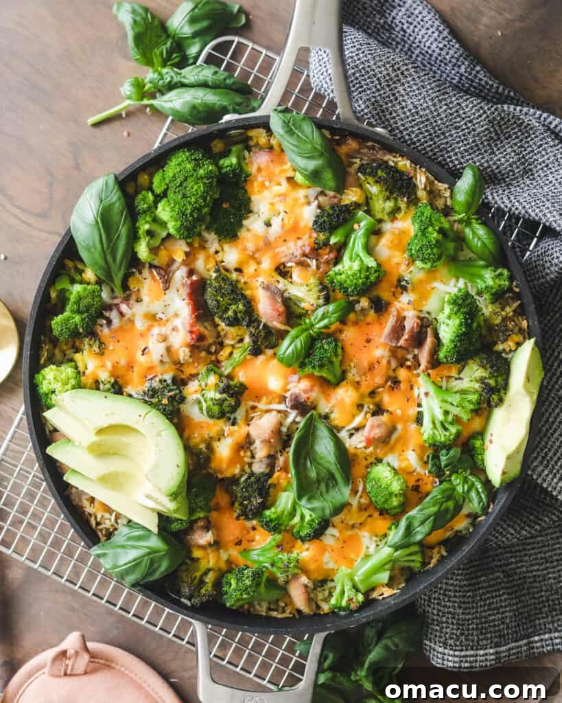 A warm, golden-brown Easy Chicken Broccoli Rice and Cheese Casserole, fresh from the oven, resting on a cooling rack with a dish towel draped nearby.